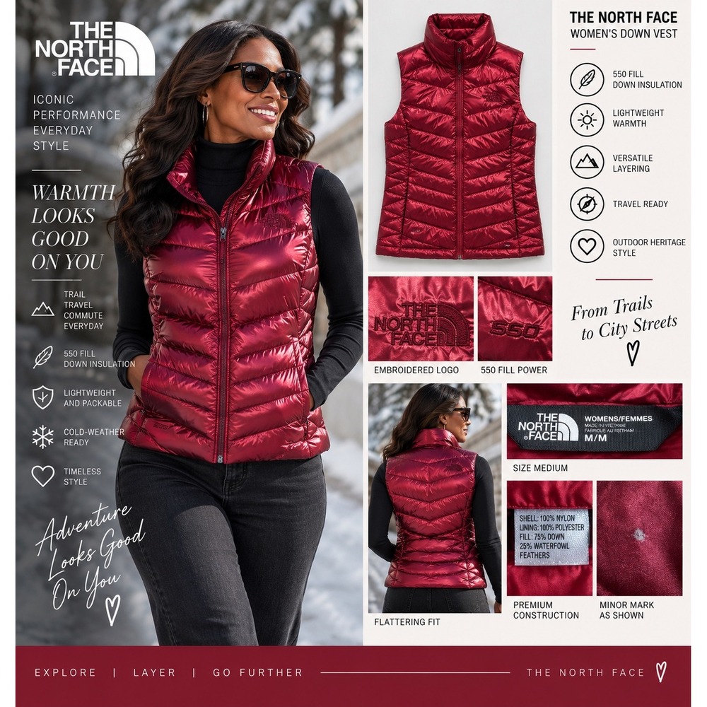 The North Face Womens M 550 Down Puffer Vest Metallic Red Shiny Lightweight